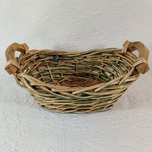 Vintage Weaved Wicker Basket With Hand Carved Wood Handles